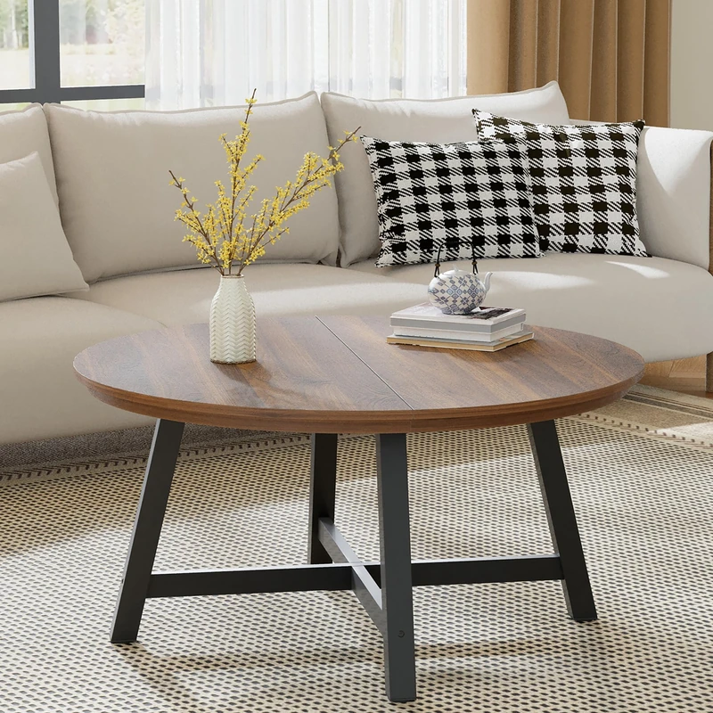 GarveeHome 91 cm Round Coffee Table, Coffee Table with Metal Legs, Modern Side Table with 4 cm Thick Table Top, for Living Room, 91.4 x 91.4 x 47 cm
