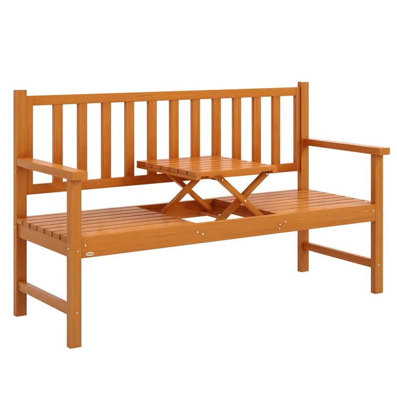 Outsunny 153cm Patio Wood Bench with Liftable Middle Table, Wooden Garden Bench, Patio Loveseat for Porch, Garden, 280kg Weight Capacity, Seats 2-3 People, Brown - Image 1