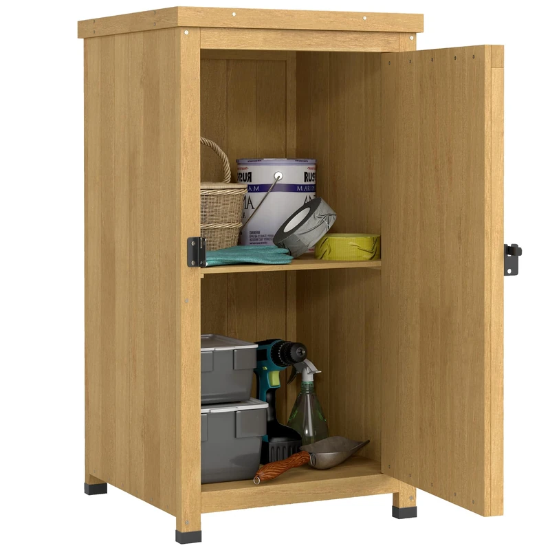 Outsunny Wooden Garden Shed, Garden Tool Storage Shed with Galvanised Top and Shelf, Outdoor Storage Cabinet with Door, Light Brown