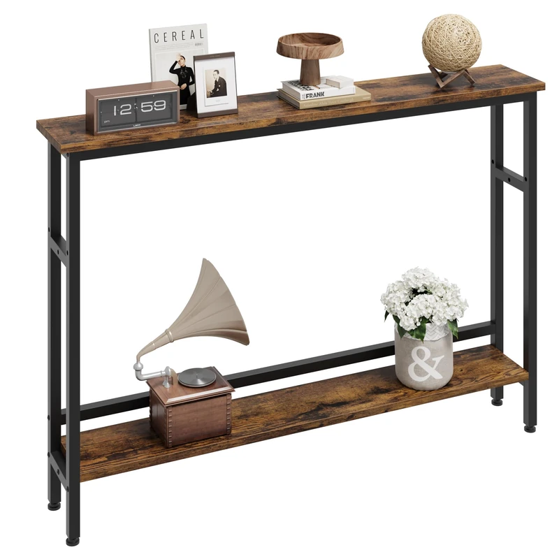 GarveeHome 100 cm Console Table, Narrow Side Table with Metal Frame, 2-Tier Sofa Table with Adjustable Shelves, for Hallway and Living Room, 100 x 15 x 79 cm