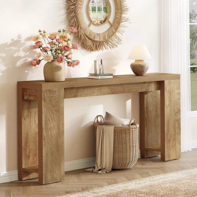 LITTLE TREE 63" Farmhouse Console Table, Rustic Sofa Table Behind Couch, Narrow Hallway & Entryway Accent Table for Living Room, Entrance Hall (Light Oak Brown)