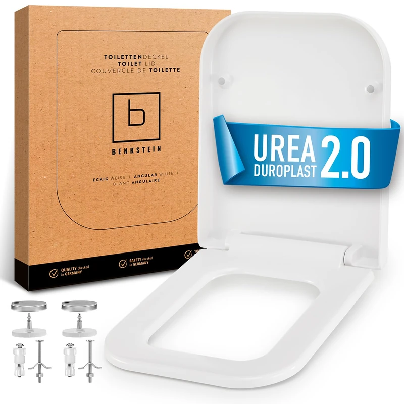 BENKSTEIN Toilet Seat E-Shape Toilet Seat with Soft Close Mechanism Square with Quick Release Universal Duroplast Toilet Seat White Antibacterial