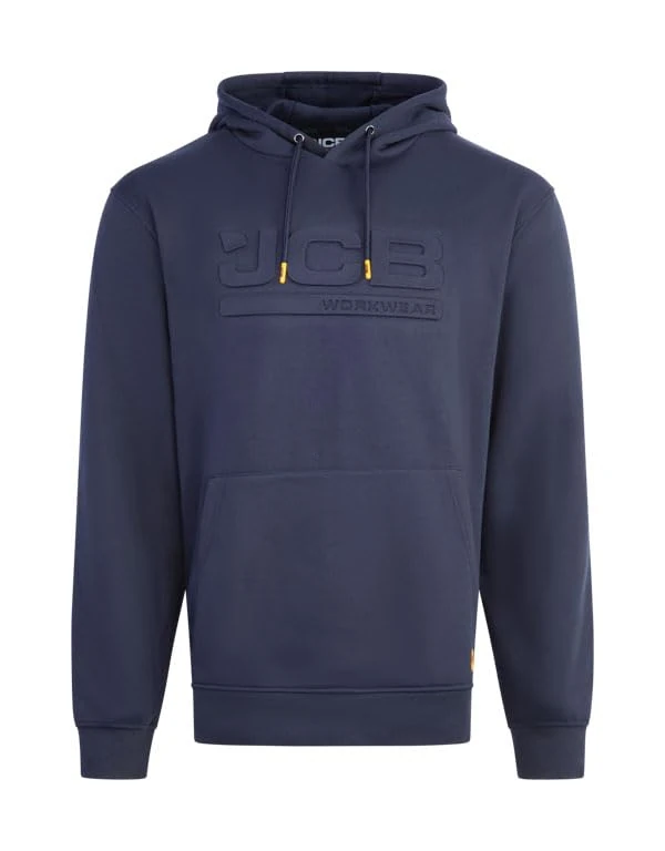 JCB Unisex Embossed Hoody - Navy - 270gsm Cotton Blend Pullover Hoodie with 3D Logo and Knitted Cuffs for Tradesmen - Durable Work Hoodie for Building Site and Casual Leisure Outdoor Wear