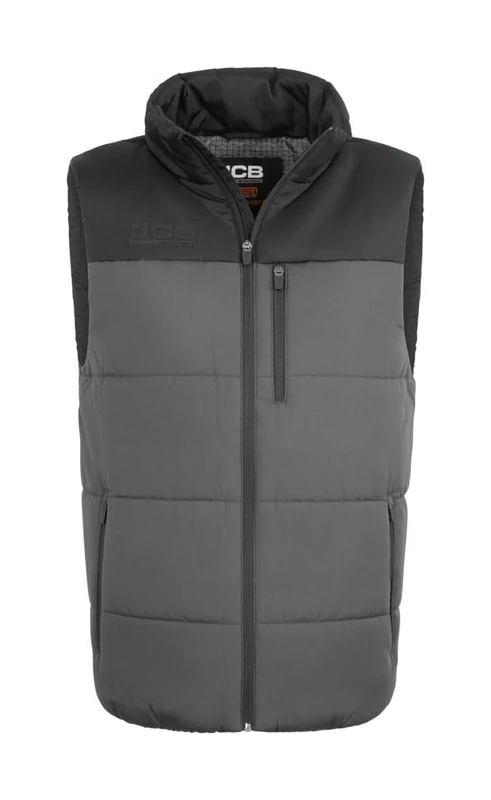 JCB Unisex Padded Gilet - Grey/Black - Water Repellent Insulated Bodywarmer with 160g Wadding for Tradesmen - Polyester Ripstop Sleeveless Jacket - CLO 2.5 Rated Workwear Vest for Construction Sites