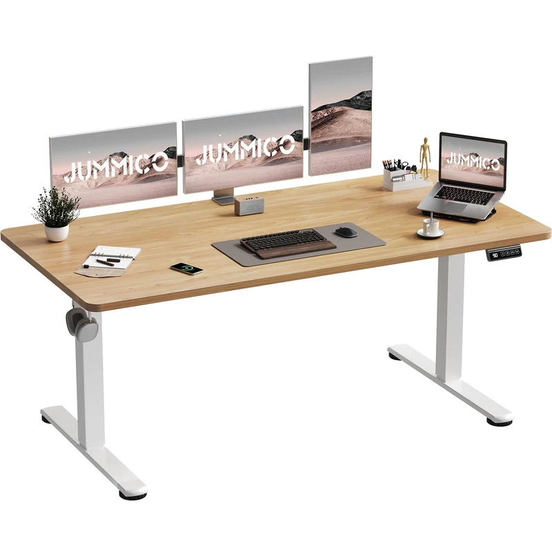 JUMMICO Height-Adjustable Desk, 160 x 60 cm, Electric Stand-Up Sit Table with Memory Function, Ideal for Home Office, Gaming and Study Room, Beige - Image 1