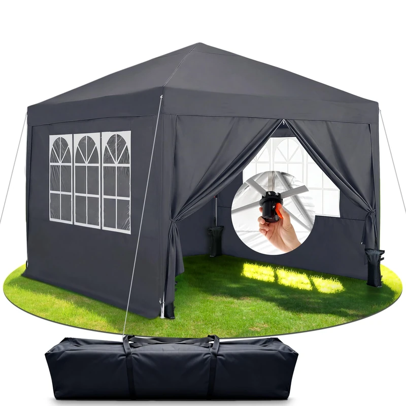 RidgeRover 3M x 3M Pop-up Gazebo, Waterproof Garden Gazebo with 4 Removable Sidewalls, 3-Way Adjustable Height Folding Pavilion for Garden, Party, Camping, Dark Grey - Image 1