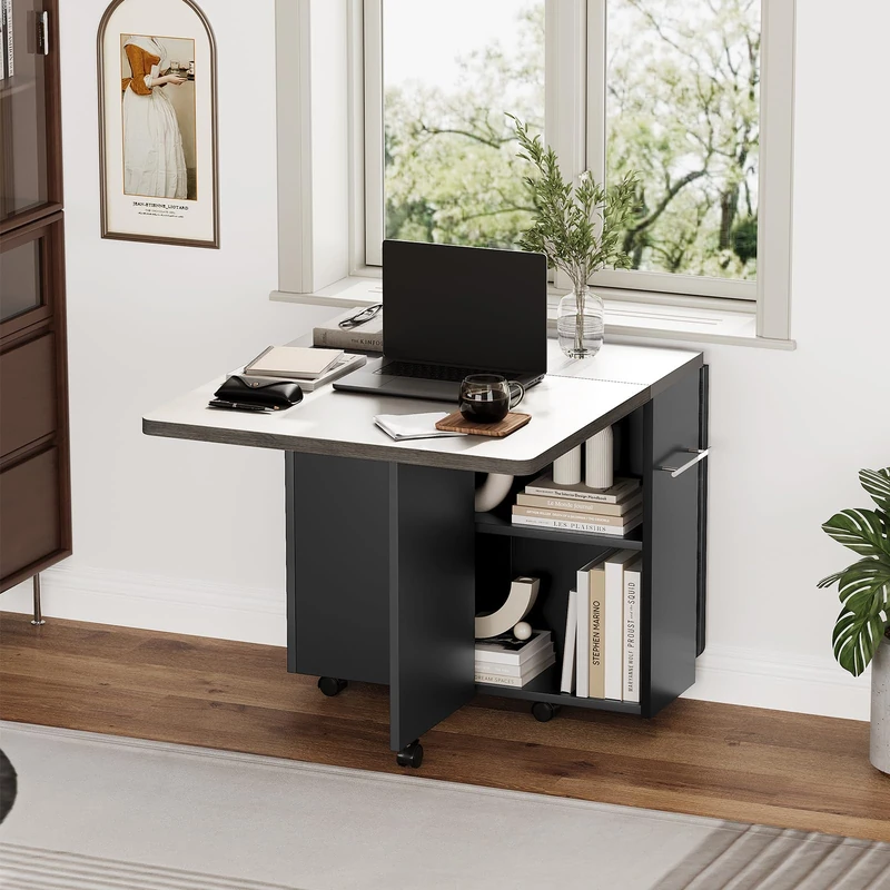 Garvee Folding Dining Table for 4, Kitchen Table with Folding Wing, 6 Wheels, 2 Shelves and Built-in Drawer, Grey - Image 1