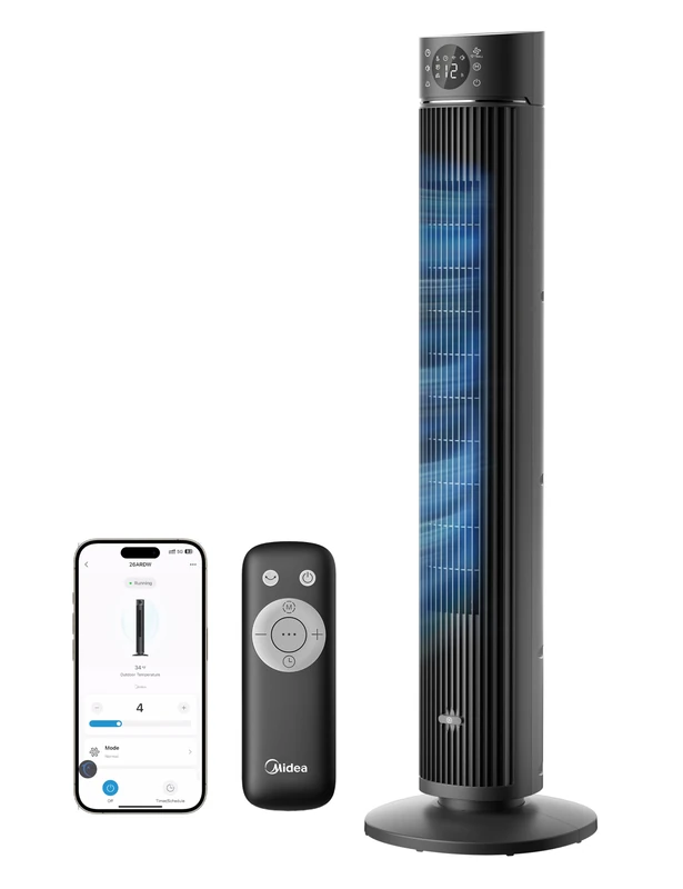 Midea 42-Inch DC Tower Fan with Remote, 12 Speeds, 3 Wind Modes, 90° Oscillation, 24H Timer, Digital Control, Quiet High-Efficiency Copper Moto