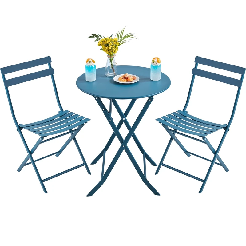 Yaheetech 3-Piece Folding Bistro Set, Outdoor Bistro Table and Chairs Set, Space-Saving Garden Furniture for Balcony Yard, Blue