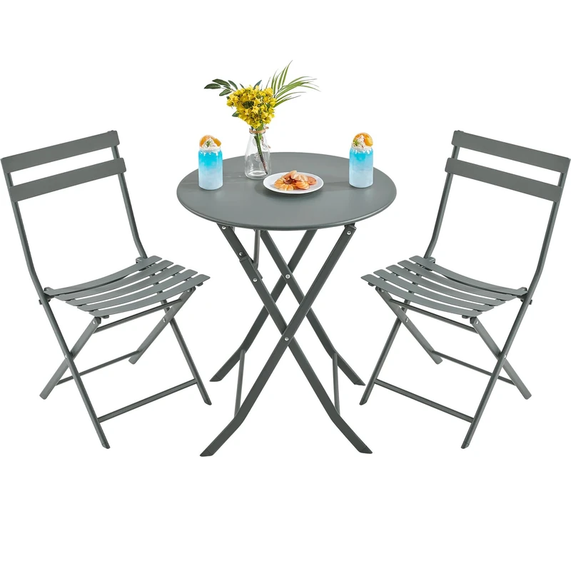Yaheetech 3-Piece Folding Bistro Set, Outdoor Bistro Table and Chairs Set, Space-Saving Garden Furniture for Balcony Yard, Grey