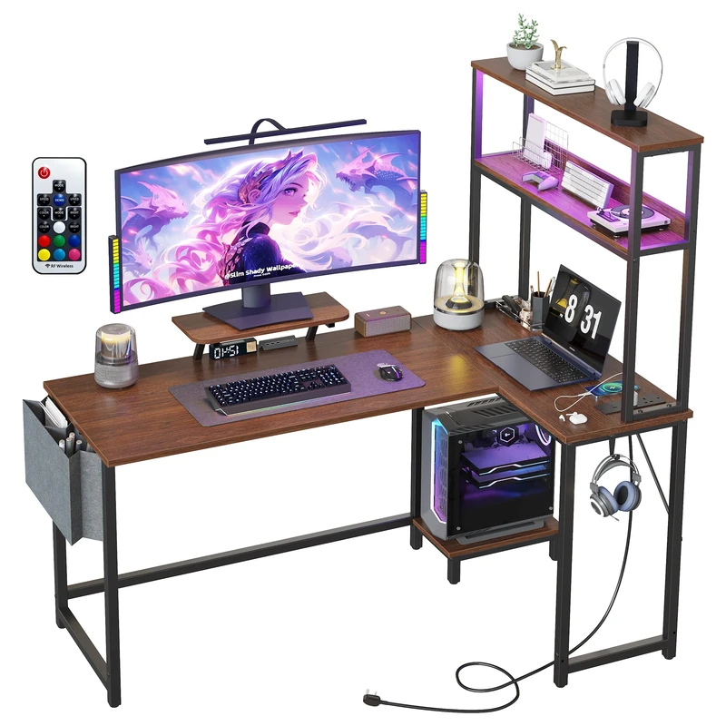GarveeHome Corner Desk with LED Lighting, Integrated Socket & Fabric Drawer, Office & Gaming Desk in L-Shape, Made of Chipboard & Steel Tube - Image 1