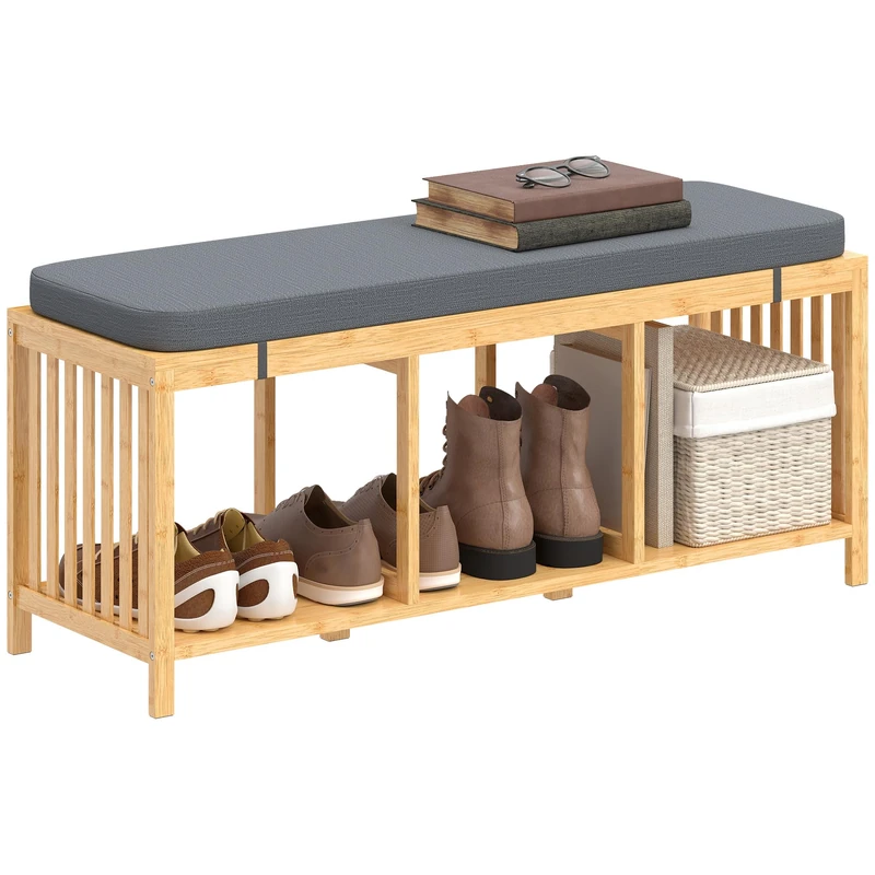 HOMCOM Bamboo Shoe Bench with Seat for Two People, 102cm Modern Entryway Shoe Bench with Open Shelf for Entryway Hallway Bedroom, Natural Wood Finish