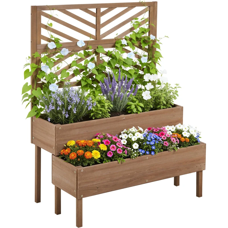 Yaheetech 2-Tier Solid Fir Wood Raised Garden Bed with Trellis for Climbing Plants, Self-Draining Planter with Drainage Holes for Garden, Porch, Balcony, Lawn, Patio Dark Brown