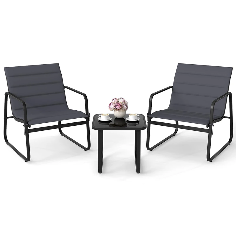 RELAX4LIFE 3 Pieces Patio Conversation Sets, Outdoor Furniture Sets with Tempered Glass Table and 2 Armchairs, Metal Garden Furniture Sets for Conservatory Lounge Backyard Poolside
