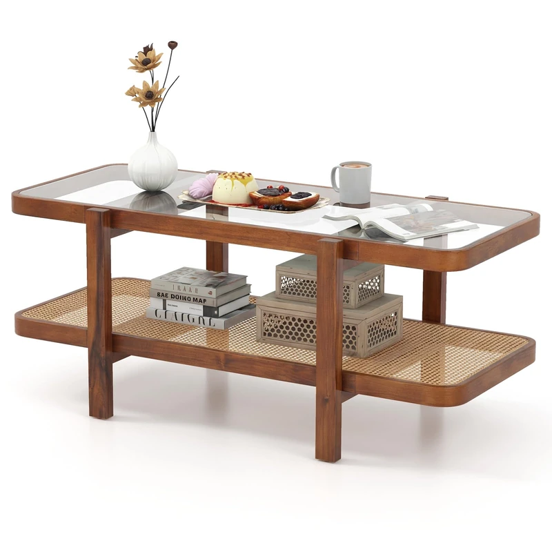 CASART Coffee Table, 2-Tier Tempered Glass Tea Table