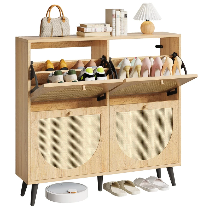 IRONCK Shoe Cabinet Rattan with 4 Flip Drawers, Slim Shoe Storage Unit with Adjustable Shelves Wooden Shoe Rack Cabinet, Freestanding Cupboard Organizer for Entryway Hallway Living Room 100x24x95cm