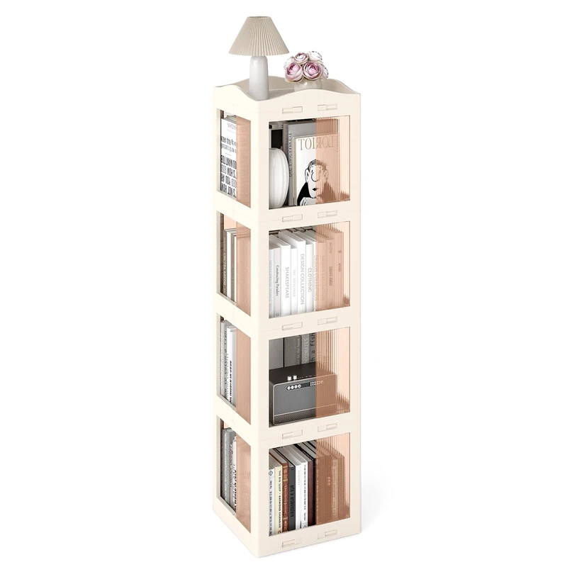CASART 360° Rotating Bookshelf, 3/4/5-Tier Foldable Bookcase Tower with Swivel Base & Translucent Panels, Narrow Spinning Corner Display Shelf Organizer for Living Room Study (36 x 36 x 141cm)