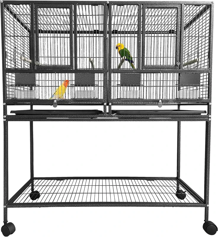 GarveeLife Bird Aviary Large Bird Cage with 2 Doors Bird House with Wooden Poles, 4 Wheels and Pull-Out Cleaning Tray Bird Cage Split Breeding Cage for Small Birds, 94 x 45 x 106 cm