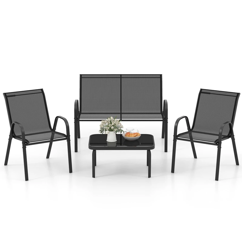 RELAX4LIFE 4 Pieces Patio Furniture Sets, Outdoor Sofa Set with 2 Armchairs, 2-Person Love Seat & Coffee Table, Metal Frame Garden Conversation Sets for Lounge Backyard Poolside