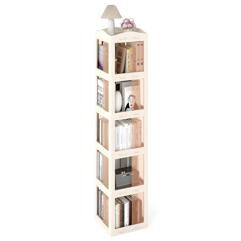 CASART 360° Rotating Bookshelf, 3/4/5-Tier Foldable Bookcase Tower with Swivel Base & Translucent Panels, Narrow Spinning Corner Display Shelf Organizer for Living Room Study (36 x 36 x 174cm)