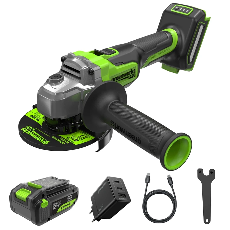 Greenworks 24V Cordless Angle Grinder 125mm Disc Blade, 9000RPM, 900W, Brushless Motor,Left or Right Handed with 4ah USB Battery & 65W Charger AG590