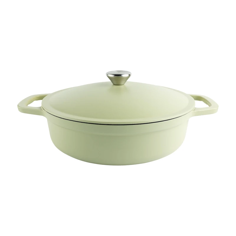 Commichef Lightweight Cast Iron Shallow Casserole 28cm, 3L, Green – Dutch Oven Pot With Lid For Cooking & Bread Baking, Enamelled Skillet Pan, Induction Hob Compatible Stewpot