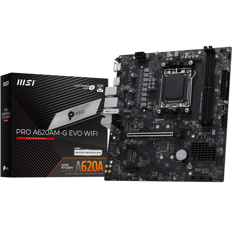 MSI PRO A620AM-G EVO WIFI Motherboard, Micro-ATX - Supports AMD Ryzen 9000/8000 / 7000 Processors, AM5 - DDR5 Memory Boost (7200+ MT/s OC), 1 x PCIe 4.0 x16, 2 x M.2 Gen4