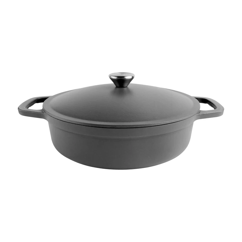 Commichef Lightweight Cast Iron Shallow Casserole 28cm, 3L, Black – Dutch Oven Pot With Lid For Cooking & Bread Baking, Enamelled Skillet Pan, Induction Hob Compatible Stewpot