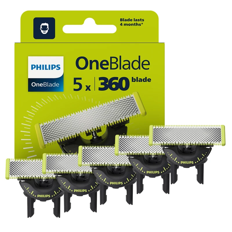 Philips OneBlade Authentic 5x 360 Blade Replacements - Fits ALL OneBlade handles - Durable Stainless Steel- 20- month supply, Model QP450/50