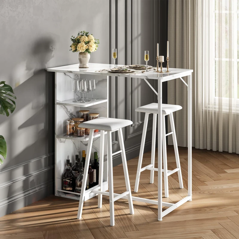Garvee Modern Bar Set 3 Pieces with Shelves - Table and 2 Stools for Dining Room, Kitchen or Living Room - Compact, Ideal for Small Apartments - Marble Finish + White Frame (Cushion) - Image 1