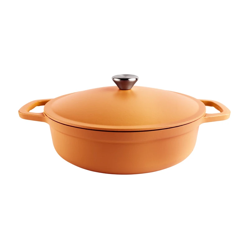 Commichef Lightweight Cast Iron Shallow Casserole 28cm, 3L, Terracotta Red – Dutch Oven Pot With Lid For Cooking & Bread Baking, Enamelled Skillet Pan, Induction Hob Compatible Stewpot