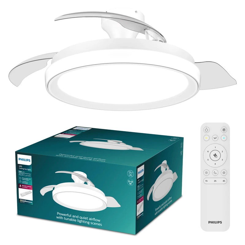 Philips Bliss Retractable-Blade Ceiling Fan with LED Light, 3 Blades, 106 cm Blade Wingspan, 4500 Lumens, Tunable White Light from 3000 K to 6500 K, Dimmable to 5%, Remote Control Included, White
