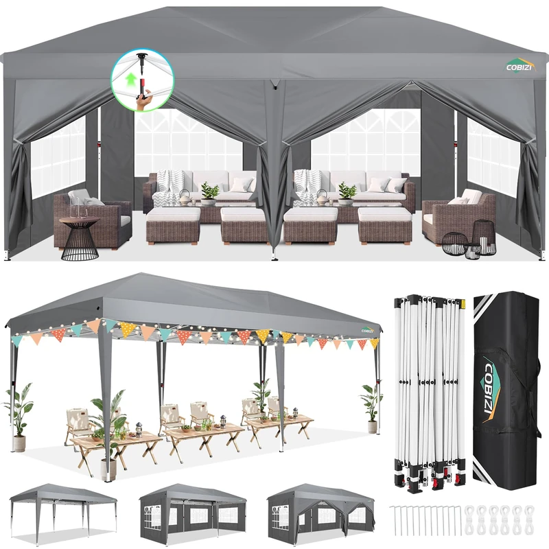 COBIZI Gazebo 3 x 6 Folding Gazebo Waterproof Stable Winterproof Foldable Party Tent with 6 Side Panels Pop Up Garden Gazebo UV Protection 50+ Height Adjustable for Beach Wedding Camping Grey
