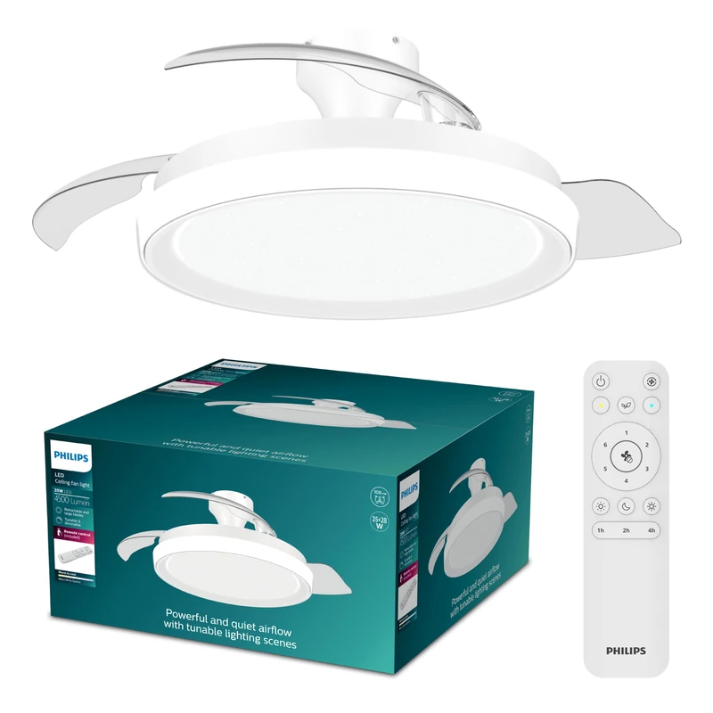 Philips Bliss Retractable-Blade Ceiling Fan with LED Light, 3 Blades, 106 cm Blade Wingspan, 4500 Lumens, Tunable White Light from 3000 K to 6500 K, Dimmable to 5%, Remote Control, White Sparkle