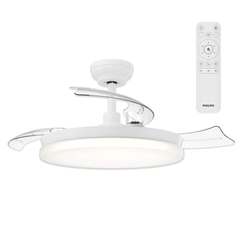 Philips Solr Retractable-Blade Ceiling Fan with LED Light, 3 Blades, 106 cm Blade Wingspan, 4500 Lumens, Three Shades of White Light (2700 K / 4000 K / 5500 K), Dimmable to 10%, Remote Control, White