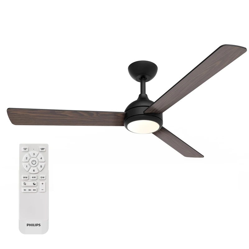 Philips Civx Ceiling Fan with LED Light, 3 Blades, 132 cm Diameter, 2500 Lumens, Three Shades of White Light (3000 K / 4500 K / 6500 K), Dimmable to 10%, Remote Control Included, Black/Dark Wood
