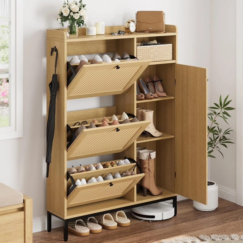 Shoe Cabinet with Rattan Fronts, 3 Folding Compartments & 4 Levels, Space-Saving Shoe Organiser with Adjustable Shelves for Hallway, Entrance Area and Living Room, Shoe Rack Storage Cabinet