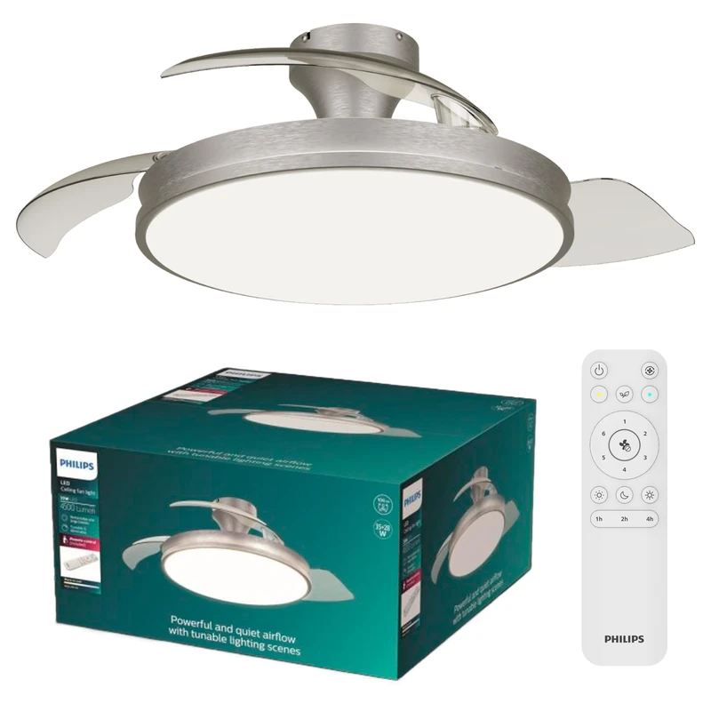 Philips Atlas Retractable-Blade Ceiling Fan with LED Light, 3 Blades, 106 cm Blade Wingspan, 4500 Lumens, Tunable White Light from 3000 K to 6500 K, Dimmable to 5%, Remote Control Included, Nickel