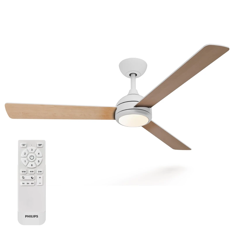 Philips Civx Ceiling Fan with LED Light, 3 Blades, 132 cm Diameter, 2500 Lumens, Three Shades of White Light (3000 K / 4500 K / 6500 K), Dimmable to 10%, Remote Control Included, White/Light Wood