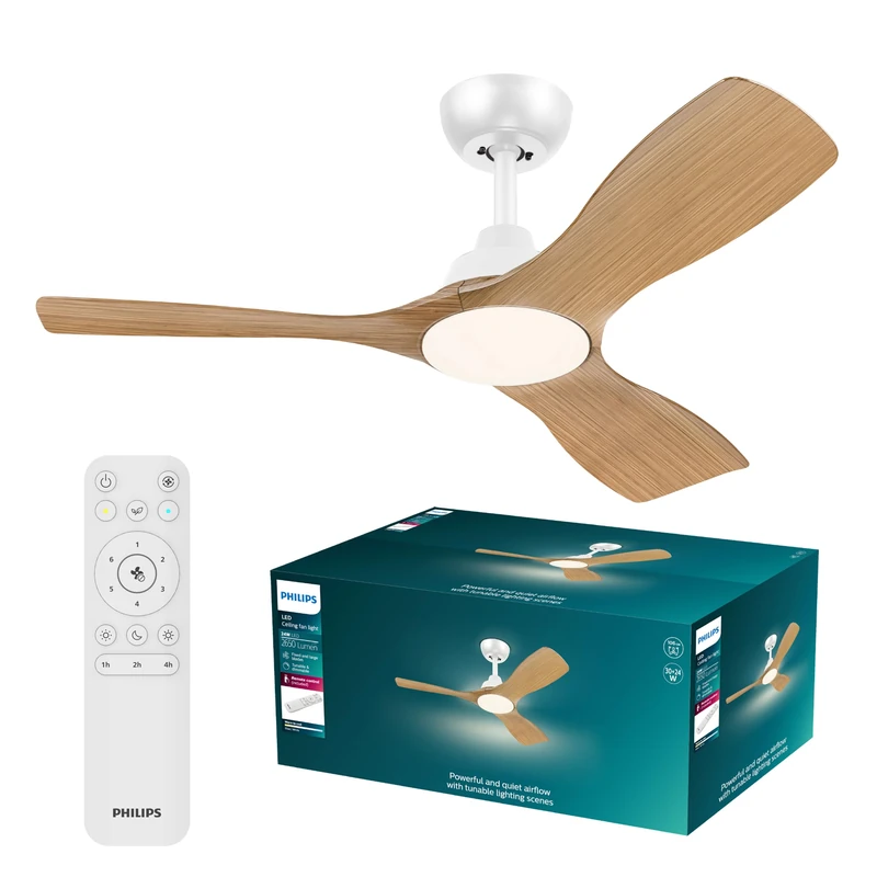 Philips Olas Ceiling Fan with LED Light, 3 Blades, 107 cm Diameter, 2650 Lumens, Tunable White Light from 3000 K to 6500 K, Dimmable to 5%, Remote Control Included, White/Wood