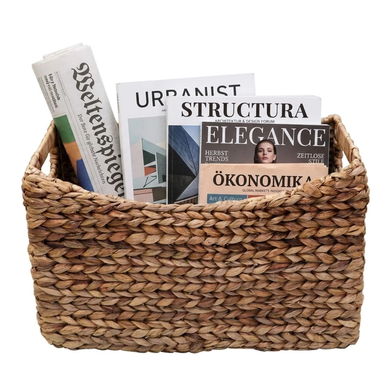 Relaxdays Water Hyacinth Newspaper Rack with Iron Frame, Woven Basket with Handles, 25x43x17 cm, Natural