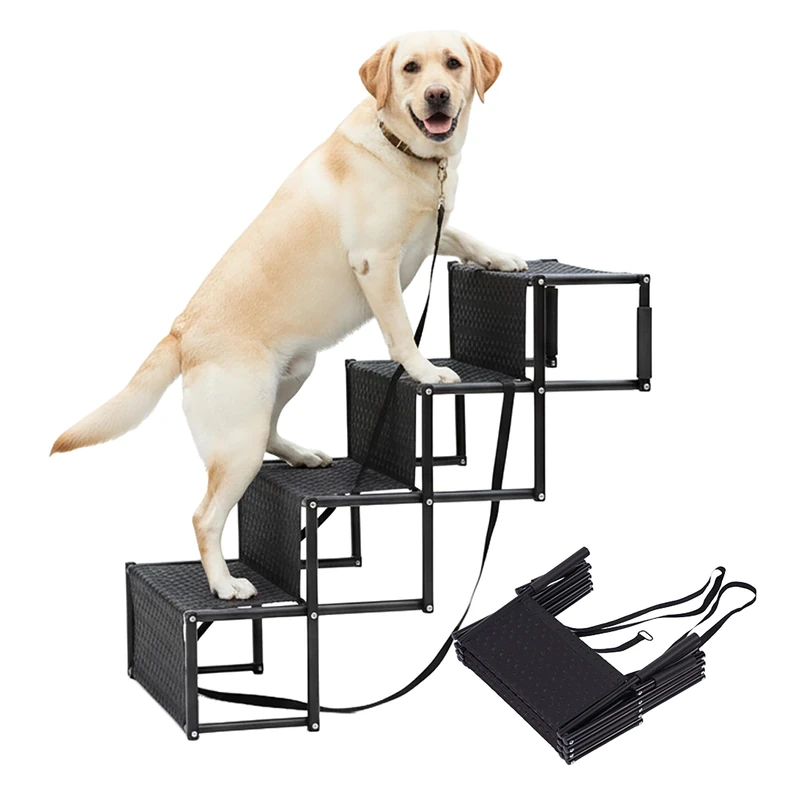 Relaxdays Foldable Dog Ramp for Cars, 4-Step, Stable Non-Slip, Steel & Oxford, 80x94x45 cm, Black