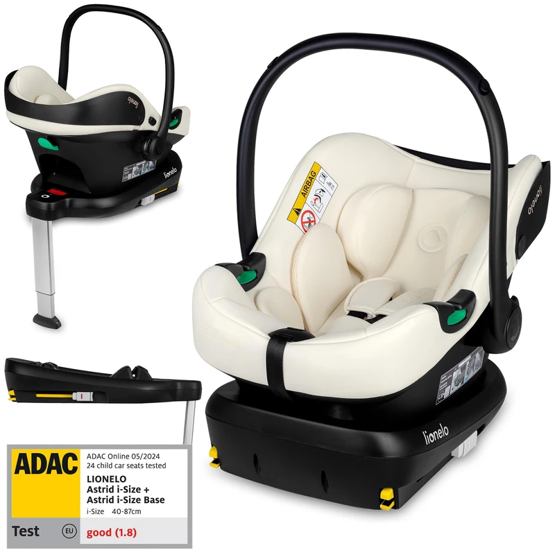 Lionelo Astrid i-Size Set Car Seat 40–87 cm with ISOFIX Base & Support Leg, R129 i-Size Infant Carrier 0+, ADAC 5 Safety, Rear-Facing, Memory-Foam Headrest, Travel System Compatible
