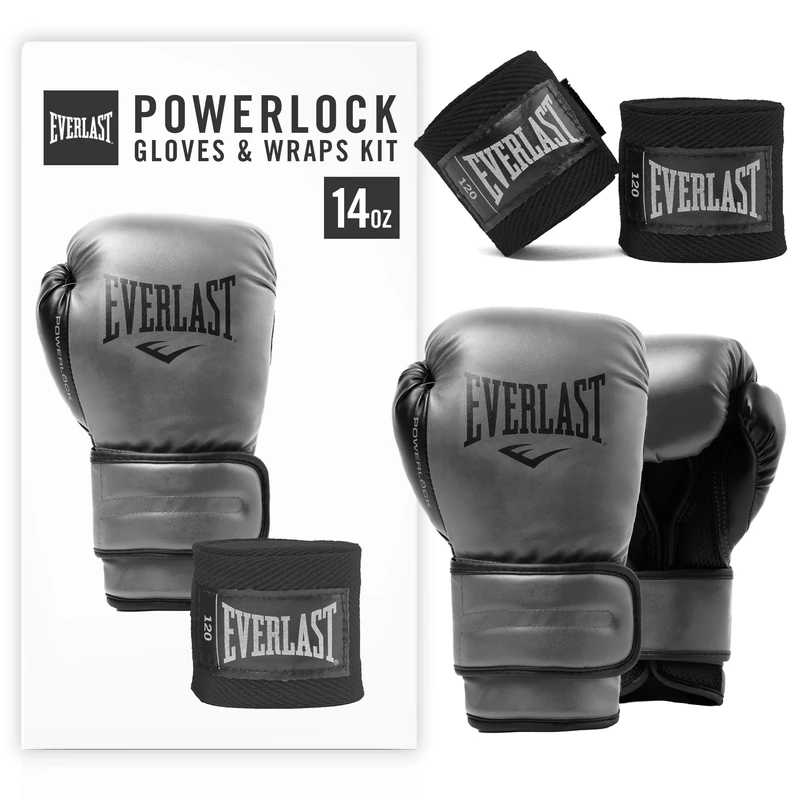 Everlast Powerlock 2R 14oz Boxing Gloves and Core Hand Wraps, Charcoal Grey Boxing Gloves for Bags and Sparring, Hook and Loop, Quad-Layered Foam - Authentic Gear