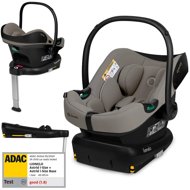 Lionelo Astrid i-Size Set Car Seat 40–87 cm with ISOFIX Base & Support Leg, R129 i-Size Infant Carrier 0+, ADAC 5 Safety, Rear-Facing, Memory-Foam Headrest, Stroller Travel System Compatible