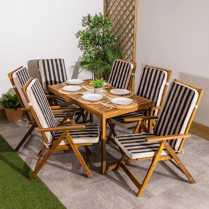 Bean Bag Bazaar Outdoor High Back Seat Pad, Black and Khaki Stripe, Set of 6, Garden Chair Seat Cushion with Fibre Fill Included, Water-Resistant, Cushions with ties for Chair, Garden, Patio Furniture
