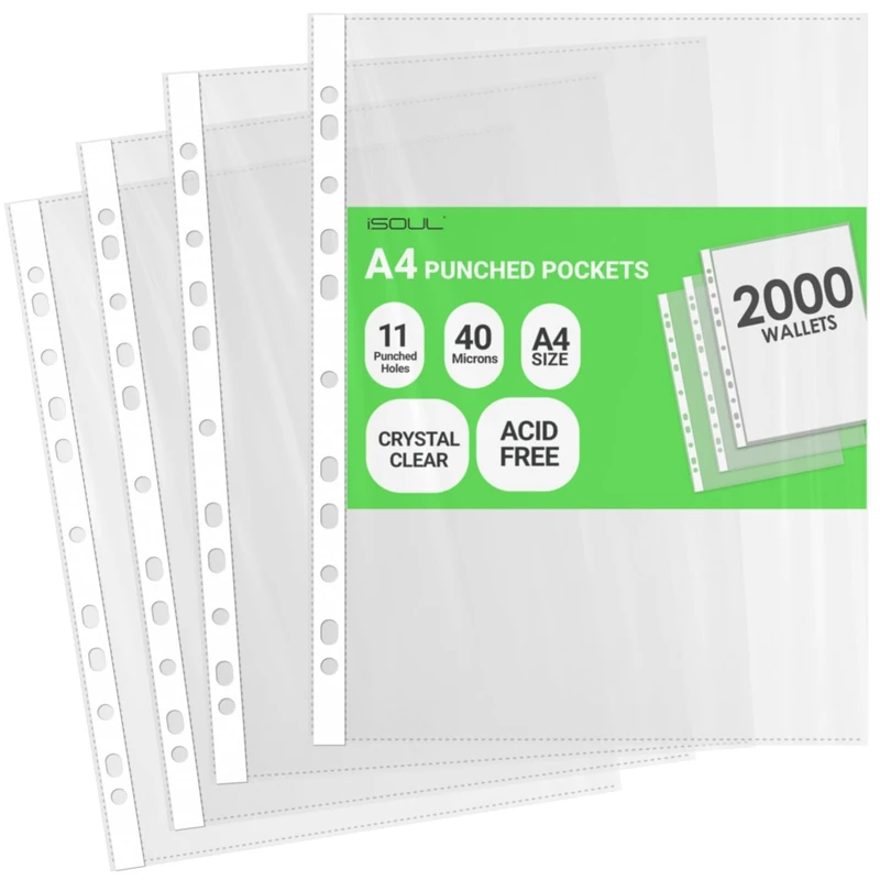 iSOUL A4 Plastic Value Punched Punch Pockets, 11 Hole Heavy Duty File Binder Pockets, 40 Micron Punched Pockets for Documents Folders Filling Plastic Wallets 2000 Sleeves