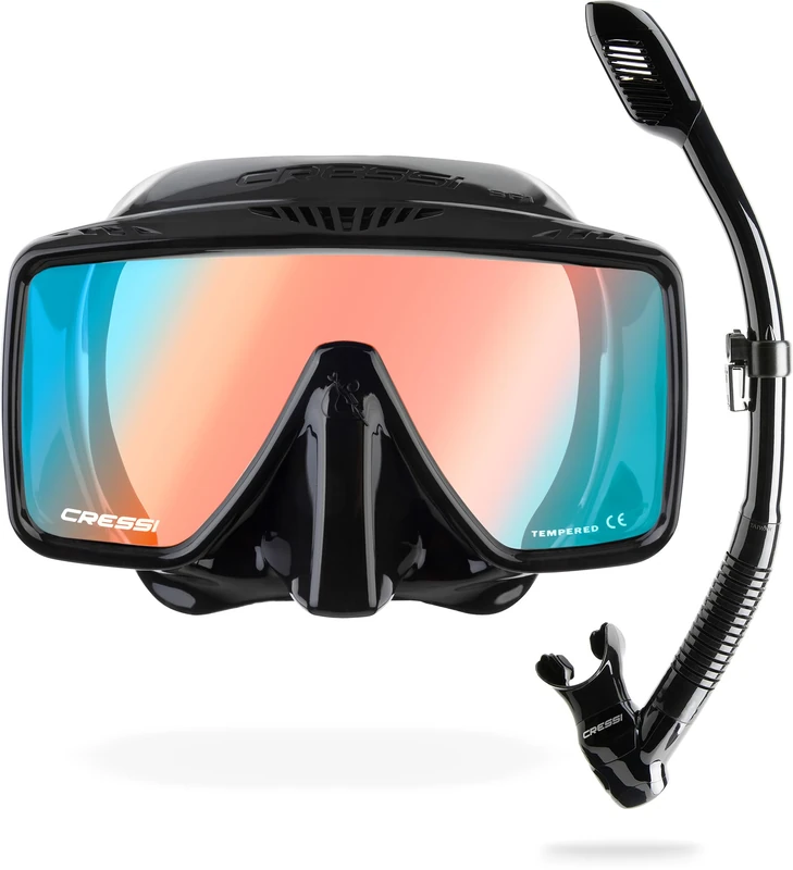 Cressi since 1946 - SF1 & Dry Combo - Frameless Square Mask Set with Tempered Lens + Dry Snorkel ideal for Freediving and Snorkelling, Black/380 UV Blue Orange Glass, One Size Unisex