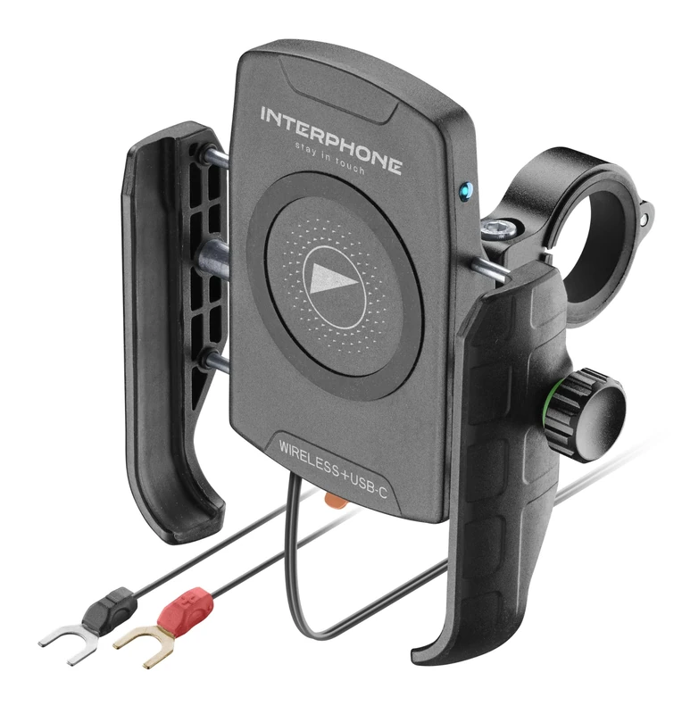 INTERPHONE Crab Smartphone Holder with Wireless Charging and USB-C for Motorcycle with Wireless Charging 15W Qi + USB-C Quick Charge, Universal Handlebar Mount 12-32mm, Vibration and Weather Resistant