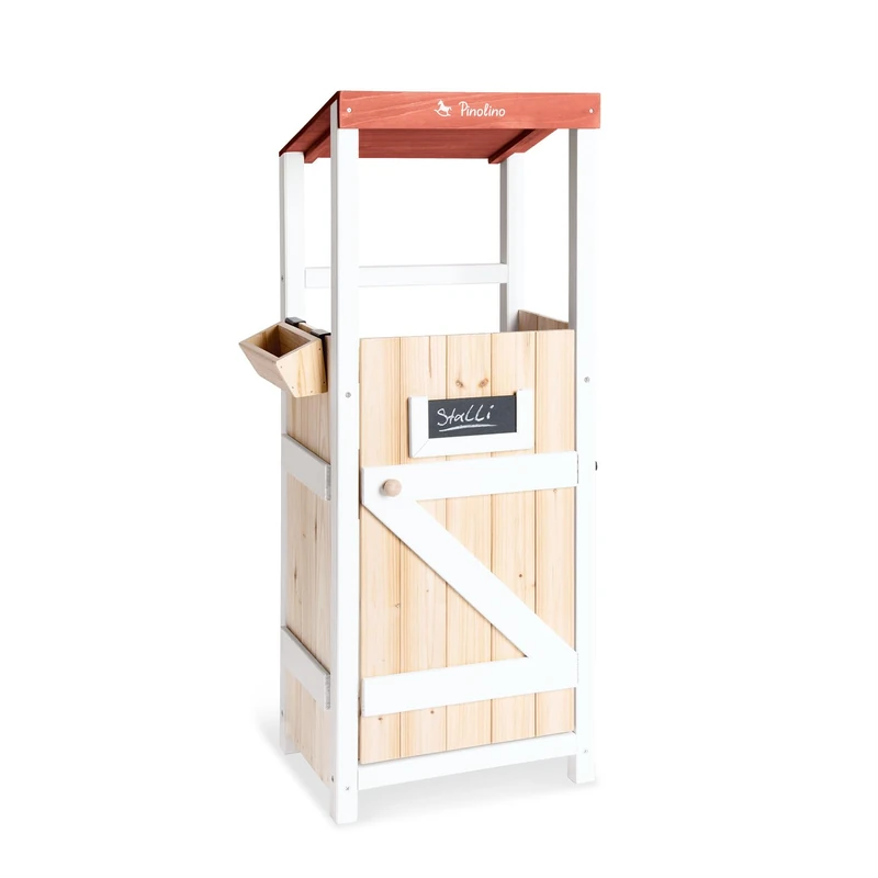 PINOLINO Hobby Horsing Stalli, Horse Stable for Hobbies, Practical Holder for 2 Horses, with Feeding Trough for Hanging, Coniferous Wood, W 37 cm, D 26 cm, H 97 cm, Colourful Varnished